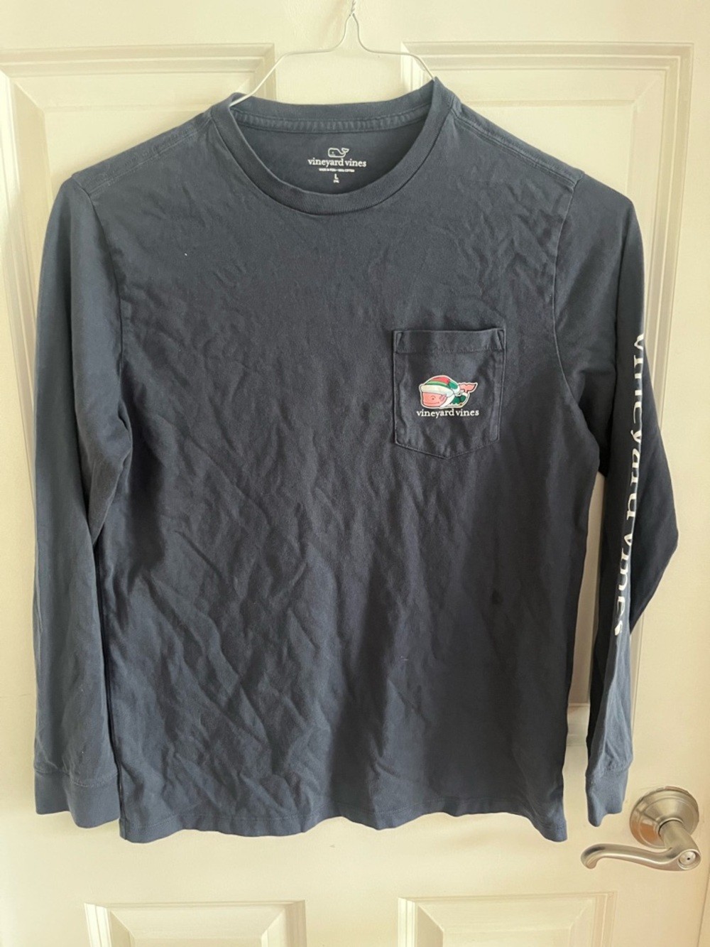 Vineyard Vines Kids Christmas Long-Sleeve Pocket Tee - Navy with Logo